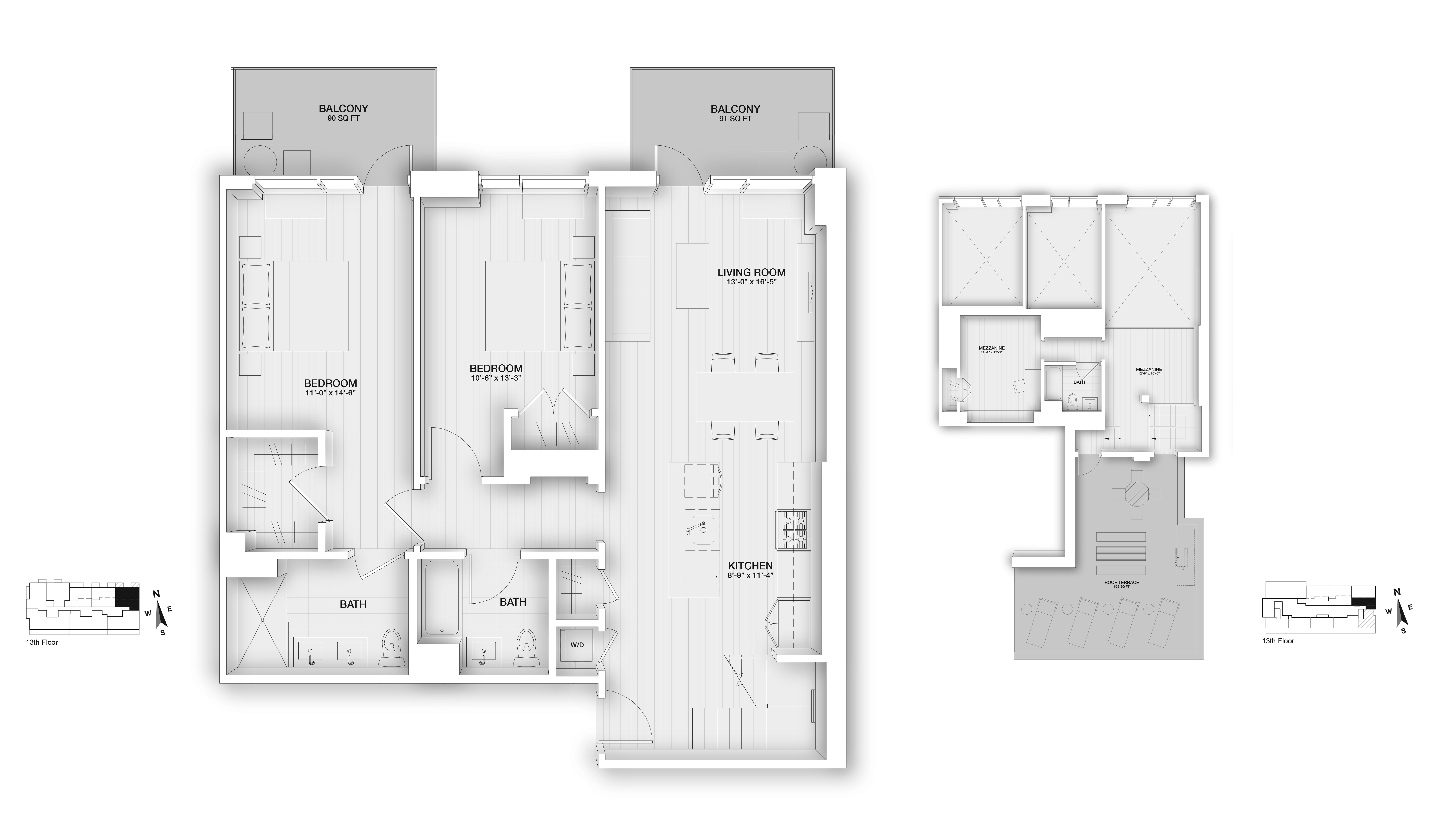 Floor plan for 2 beds, 3 baths, 1574 sqft